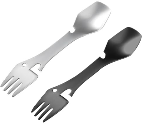 TOYANDONA Lot de 2 Ustensiles Multifonctions Cuillère-fourchette en Acier Inoxydable, Couleur Noir et Naturel, Léger et Portable pour Camping, Randonnée Cuisine en Plein Air