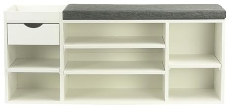 FineBuy Schuhbank 100x30x45 cm Weiß mit Schublade und Sitzkissen | Schuhregal mit verstellbaren Regalböden, Garderobenbank für Flur und Diele, Sitzbank mit Stauraum für Schuhe