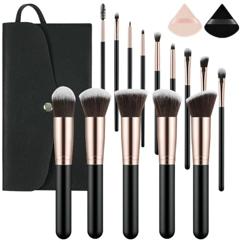 LOPHE 14PCS Pinceaux Maquillage,Set Pinceaux Professionnels Synthétiques Doux,Kit de Maquillage Complet avec Trousse de Rangement et 2 Houppettes Triangle,pour Fond de Teint Blush Yeux, Or Noir