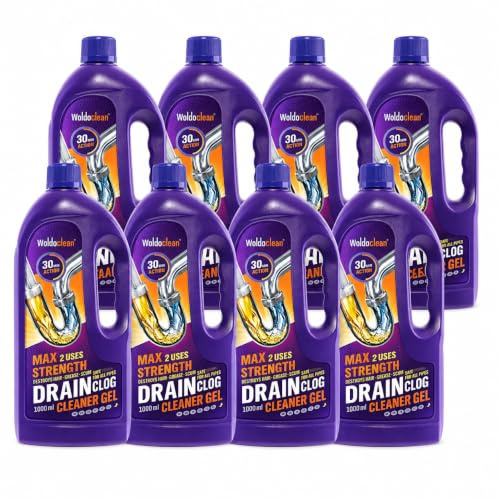 WoldoClean Rohrreiniger und Abflussreiniger Gel 8x 1000ml | 8 Liter extrem stark, gegen Haare & Fett, Dusche, Waschbecken, Bad & Küche