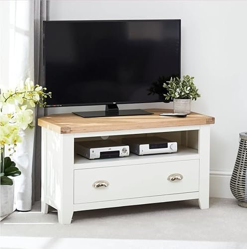 The Furniture Market Cheshire White Painted Corner TV Unit – Solid Wood & Oak – Fits TVs Up to 50” – Space-Saving Design – Open Shelf – Limed Oak Top – No Assembly - H 565mm x W 1000mm x D 500mm
