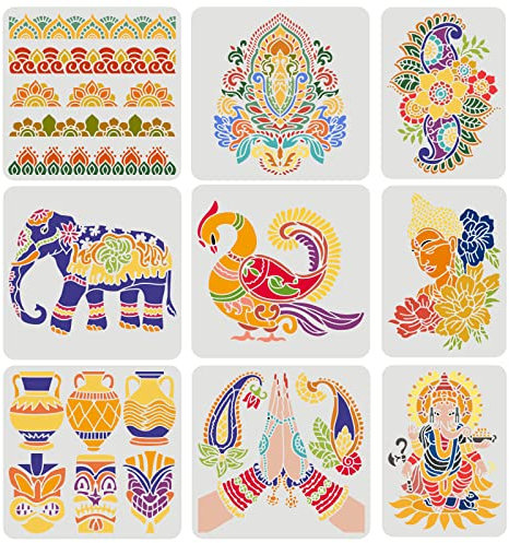 FINGERINSPIRE 9 Stück Indischen Thema Schablone 2 Größe Elefant Gott Buddha Vase Blumen Pfau Schablonen DIY Henna Buddha Kunststoff Schablonen für Malerei auf Holz, Wand, Boden, Stoff, Leinwand