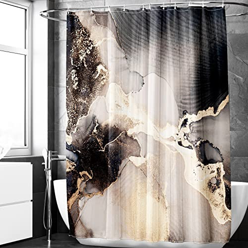 Berkin Arts Ensemble de Rideau de Douche 180 x 180 CM en Polyester imperméable avec Crochets Peinture à l'encre européenne Moderne Marbre Or Marbré