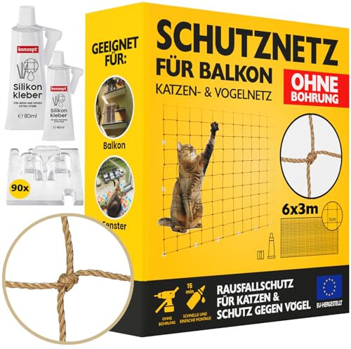 Konzept 11 - Katzennetz für Balkon Ohne Bohren Set 6x3M, Vogelabwehr Sicherheitsnetz für Fenster, Balkon, Katze, Starker Balkonnetz Vogelschutznetz Volierennetz