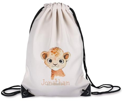timalo® Kinder Turnbeutel personalisiert mit Namen | Sportbeutel bedruckt | süße Tiermotive | Kindergarten Stoffbeutel Geschenke Mädchen Jungen | 15- Löwe