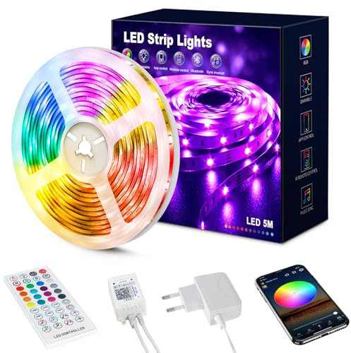 Beaeet Ruban LED 5m(30 leds/m), Bande LED 5050 RGB pour LED Chambre, avec Télécommande 40 Touches et Contrôle via APP Bluetooth, Idéal pour Noël, Mariage, Fête et Chambre (5m*1)