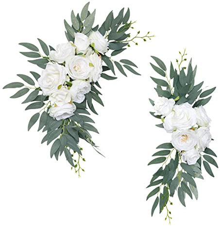 JDEFARF 2-teiliges Hochzeitsbogen-Blumen-Set, Künstliches Hochzeitsbogen-Blumen-Set, Hochzeits-Willkommensschilder, Blumendekorationen, Weiße Rosen-Blumen-Swag-Arrangements für Den Empfang der(#1)