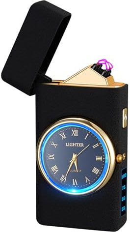 RSBYE USB Elektronische Feuerzeug Elektro Lichtbogen Feuerzeuge Uhr Feuerzeuge mit LED Batterieanzeige Winddicht Plasma Feuerzeuge für Männer Damen (Schwarz Mattiert, 220mAh)