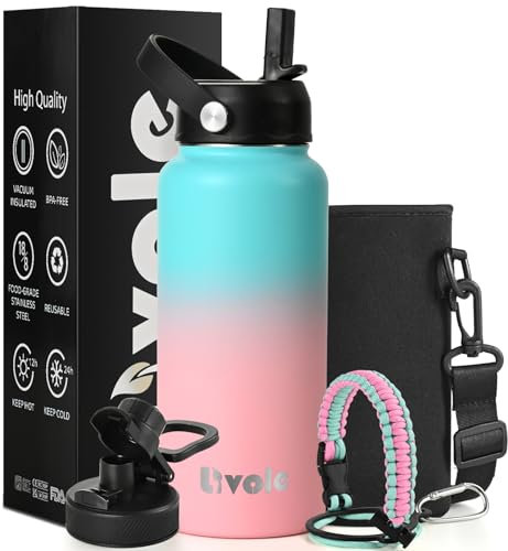 Livole Stainless Steel Water Bottle for Women, Men, 32oz 950ml Insulated Water Bottles for Sports, Gym, Travel, Climbing, Vacuum Metal Water Bottle with Straw and 2 Lids, Bottle Carrier, Bubble Gum