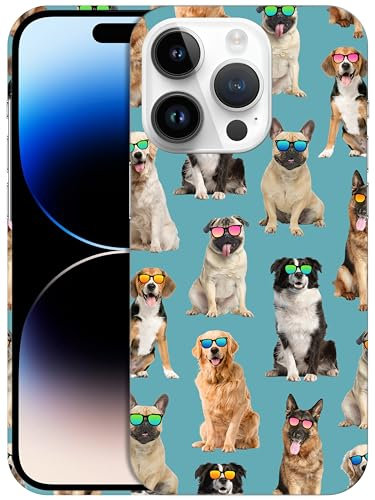 GlamCase for iPhone 14 Pro Case, iPhone 14 Pro Designer Case - Dog Pattern With Sunglasses Teal Design Printed Slim Fit Cute Plastic Hard Protective Designer Back Phone Case for iPhone 14 Pro.