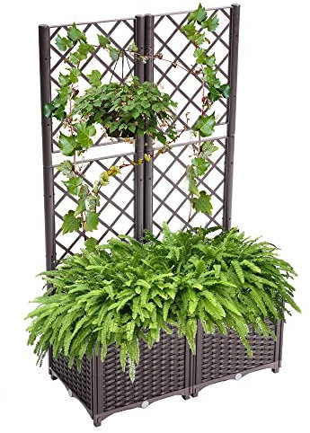 Mingone Hochbeet mit Rankgitter & Selbstbewässerung, 80×40×136 cm – Pflanzkasten für 2 große Töpfe, wetterfest & UV-beständig, ideal für Garten/Balkon (Braun)