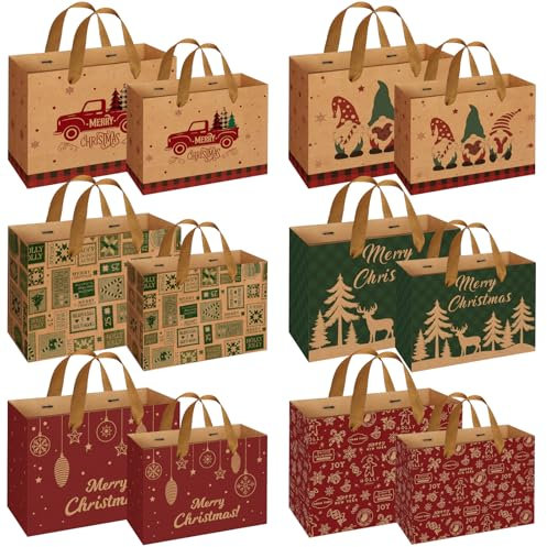 Gaeymy Geschenktüten Weihnachten,12 Stück Geschenktaschen Set, Papiertüten mit Henkel, Weihnachtstüten aus Kraftpapier, Wiederverwendbare Geschenkverpackung Klein/Mittel