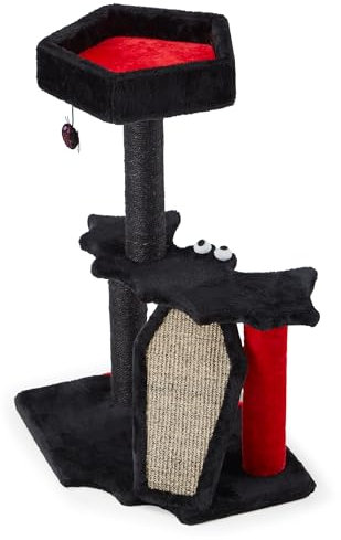 Erommy Gothic Cat Tree,With Small Coffin Bed,Black Cat Tower with a Bat-Shaped Springboard and Spider Toy,with 1 Coffin-shaped Cat Scratching Board and 3 Normal Scratching Post