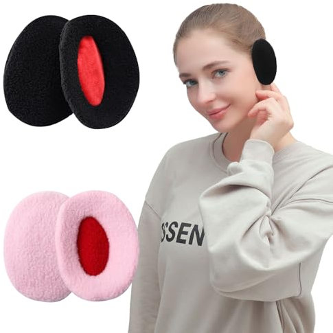 BDSHUNBF 2 paire Cache-Oreilles Sans Bande pour Homme et Femme, Cache-Oreilles D’Hiver, Protecteurs D'oreilles, Oreille Douce Cache-Oreilles D'Hiver pour Extérieur, Cyclisme (noir + rose, M)