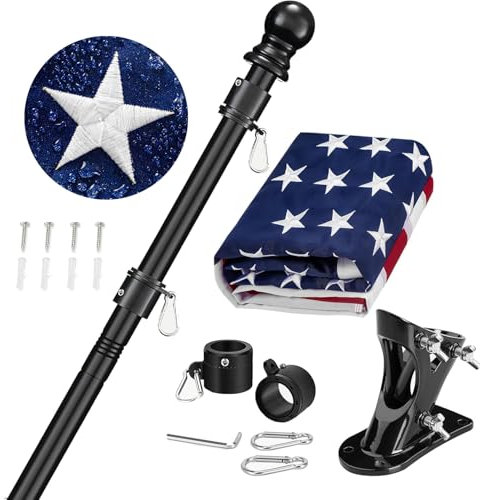Amerikanisches Fahnenmast-Set für Haus im Freien – schwarzer Metall-Fahnenmast 1,8 m mit verhedderungsfreiem Design – 7,6 x 12,7 cm bestickte US-Flagge, Halterung, ultra-langlebiger Stahl für Veranda