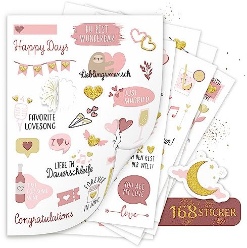 AMARI ® - Sticker Hochzeit [168 Motive] - Veredelte Aufkleber für Gästebuch Hochzeit - Deko Sticker Fotoalbum, Hochzeitssticker, Wedding, Fotoaufgaben, Aufkleber, Heiraten
