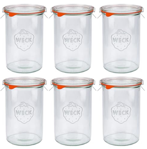 Flaschenland - 6x WECK 1000ml Sturzglas, Einmachglas Komplett-Set inkl. Deckel, Klammern und Gummidichtung | Ideal als Vorratsglas, Marmeladenglas, Konservenglas oder Dessertglas | Made in Germany