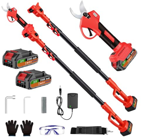 Timisea Akku Astschere Teleskop Profi Set, 180° Schwenkbar Elektrische Giraffe mit Zahlendisplay, 2 x 2000mAh Akku, Schultergurt, Handschuhe, Schutzbrille für Obstbaum & Garten