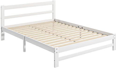 HOMCOM Marco de Cama de Madera con Somier Doble 195x141 cm 300 kg Blanco | Estructura de Cama Doble, para Colchón de 135x190 cm, No Incluido