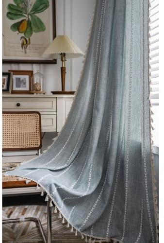 LUANTIANPAI Vorhang Boho Gardinen Grau Vintage Leinenoptik Landhaus Modern Streifen Gestreift Halbtransparent Vorhänge mit Quaste Stangendurchzug für Fenster 1 Stück B132×H244cm