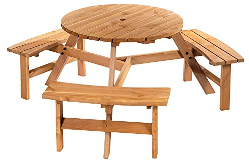 Outsunny 6 Seater Wooden Picnic Table and Garden Benches Set, Round Garden Dining Set with 3 Benches and Umbrella Hole Outdoor Park, Brownish Red