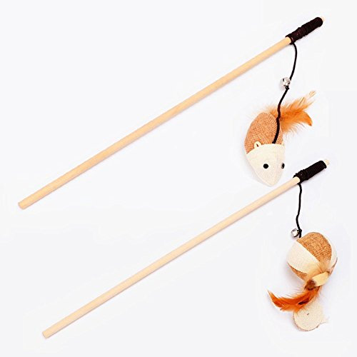 DTOL Natural Sisal Wand Teasers and Exerciser for Cat Kitten with Mouse/Pumpkin/ Toy, Bell, Feather, Elastic String and Sturdy Wood Rod, Set of 2
