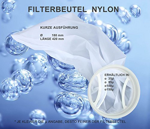 Filterstrumpf Nylonfilter, Filterbeutel, 100 Micron, feiner als ein Trommelfilter, stabiler als ein Damenstrumpf, filtert Schwebepartikel + Algen aus dem Teich, kurze Ausführung, 42cm lang, Ø 18cm
