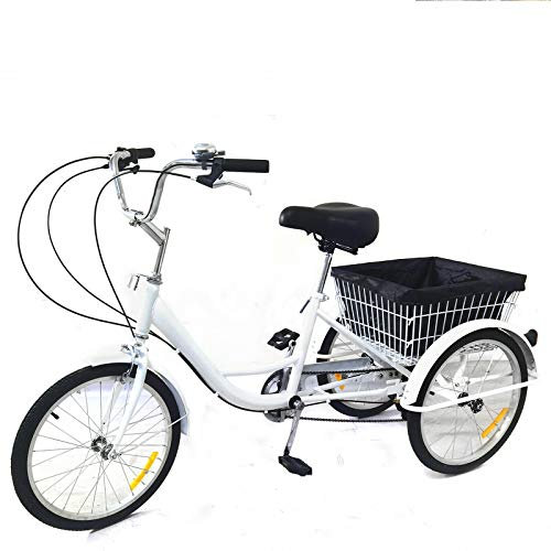 Fetcoi 20 Zoll Dreirad Tricycle für Erwachsene mit Korb 8-Gang 3-Rad, Schaltung Schaltung Tricycle mit Einkaufskorb,Fahrrad Dreirad für Outdoor Sports und City Urban, kohlenstoffhaltigem Stahl, Weiß