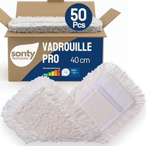 SONTY Balai serpillière 40 cm Coton – Lot de 50 Housses de Lavage pour Support Pliant | Serpillière en Coton pour Tous Types de sols à la Maison, en Restauration & dans Le Commerce | Lavable 60–90 °C