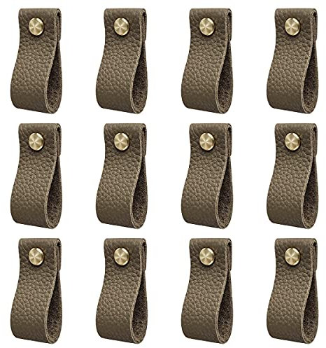 DOXILA 12PCS Leather Drawer Knobs, Drawer Door Handles for Cupboard Cabinet Wardrobe, Anti-Collision Vintage Furniture Door Knobs Leather Drawer Pulls, Coffee