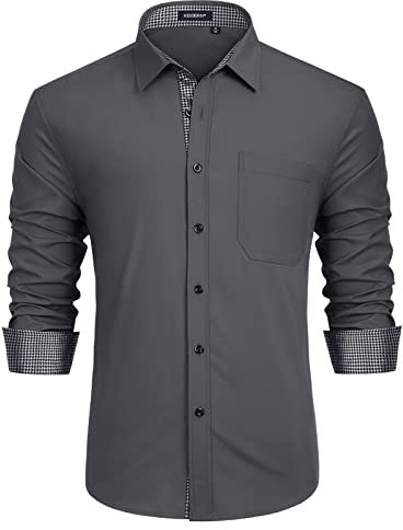 HISDERN Grey Dress Shirts for Men Adult Long Sleeve Button Down Stretch Formal Non Iron Shirts for Men Regular Fit Wedding Party Casual with Pockets,Grey3,L