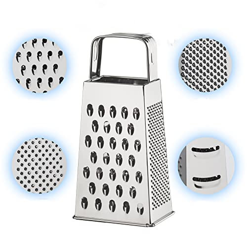 Vierkantreibe Küchenreibe klein aus Edelstahl, 18 cm, 4 Reibeflächen, Hobel für Gemüse, Obst, Käse, Spülmaschinengeeignet, Edelstahlreibe zum groben, feinem Raspeln