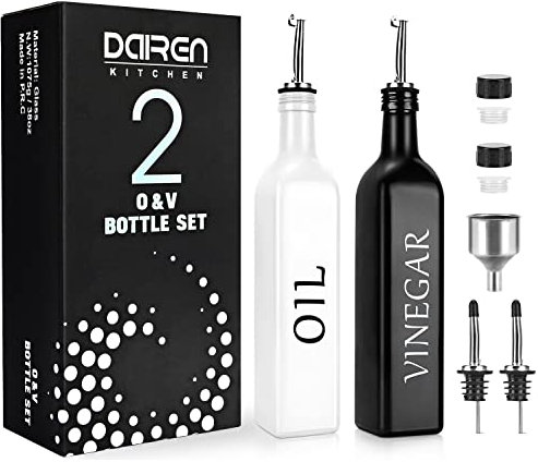 Oil and Vinegar Dispenser Set of 2, Black and White Olive Oil Dispenser with Stainless Steel Stand and Spout, Cute Vintage Glass Ampoules Set for Farmhouse Kitchen (B&W)