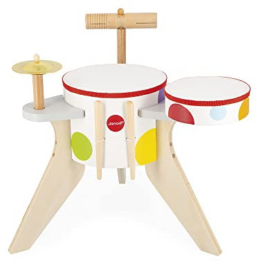 Janod - Confetti Schlagzeug aus Holz - Rollenspielzeug und Musikalische Früherziehung - 4 Schlaginstrumente- Wasserfarbe - Ab 3 Jahre, J07614, Weiß