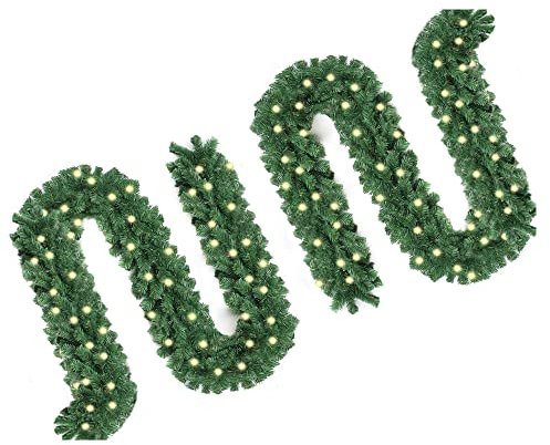 Yakimz Weihnachtsgirlande mit Beleuchtung, 2er 5M Künstlich Tannengirlande mit 100 LEDs Warmweiß 8 Modus Lichterketten, Girlande Weihnachten Weihnachtsdeko Innen und Außen, Grün