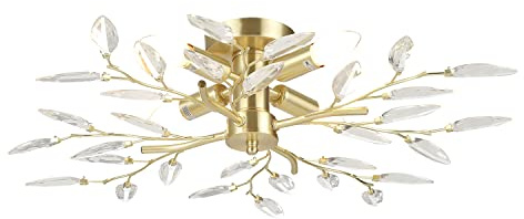 Happy Homewares Modern Brushed Gold Plated Branch Ceiling Light Fitting with Clear Acrylic Leaves | 15cm x 60cm | 4 x E14 Candle Bulbs