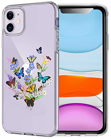 Unov Hülle Kompatibel mit iPhone 11 Hülle klar Transparent Schlanke Schutzhülle Weich TPU Stoßstange Geprägtes das Muster Stoßdämpfung 6.1 Zoll (Blumen Schmetterling)