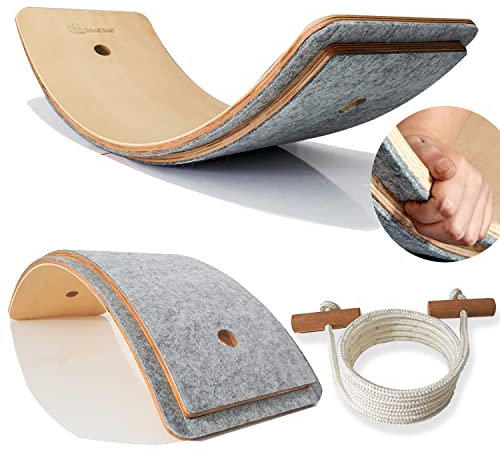 KİNDBOS Balance Board kinder- 80x30 cm - Balance board aus Holz mit Fingerschutz+Filz/ohne Filz- Kurviges Wackelbrett-Balance Board Kinder & Erwachsene (SEİL GRAU FILZ)