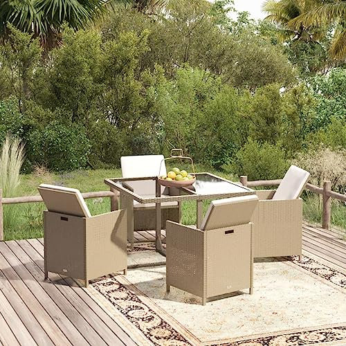 KOIECETA Gartenmöbel Set mit Kissen Sitzgruppe Gartenset Sitzgarnitur Gartentisch Esstisch Tisch Stühle Poly Rattan (Beige, 4X Sessel + Tisch/109 cm Tischlänge)