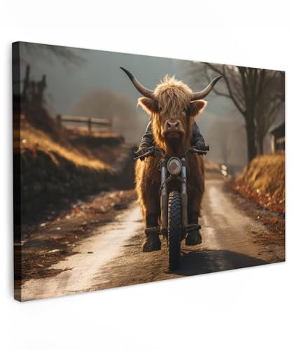 MuchoWow© Wandbilder Groß 120x80 cm XXL Wohnzimmer Wanddeko Schlafzimmer Zimmerdeko Fotowand Zimmer Deko Wand Dekoration Wall Art Schottische Hochlandrind - Kuh - Highland Cow - Motorrad - Straße