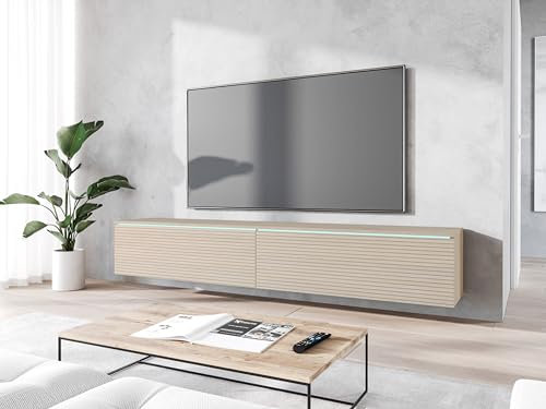 MINIO go for it - TV Schrank Donna, Breite 180 cm, TV Lowboard, Stehend oder Hängend, Fernsehschrank für das Wohnzimmer, Gaja Eiche/Gaja Eiche mit Lamellenmuster - LED Beleuchtung