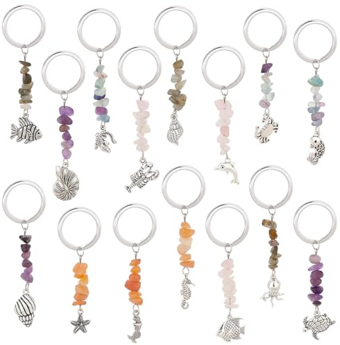 PH PandaHall Lot de 15 porte-clés en pierre précieuse avec breloque en forme d'animal marin, sirène, pour sac à main, téléphone, clés de voiture, anniversaire, Noël