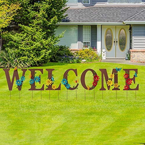 Glitzhome Set mit 7 Metall-Gartenpfähle, Dekoration, Willkommensbuchstaben mit Blumen, hängende Wanddekoration für den Außenbereich, Rasendekorationen, 64,8 cm H