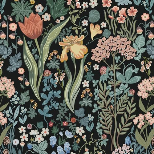 Reqfen Selbstklebende Tapete Blumen 41CM*3M Blumenmuster Tapete Schwarz Blumen Blätter Klebetapete Vinylfolie Wasserdicht Klebefolie Abnehmbar Kontakt Papier für Bad Schlafzimmer Möbel Wohnzimmer