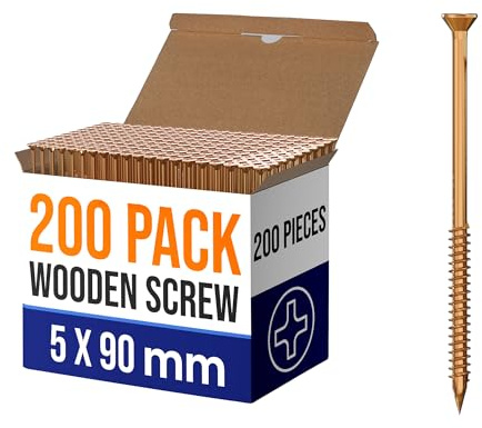 LEDSone 200 pcs box of Self tapping screws 5 x 90mm Strong wood working screws multi purpose Self Countersinking screws Ultra sharp Quick Grab Point wood screw fences door screw