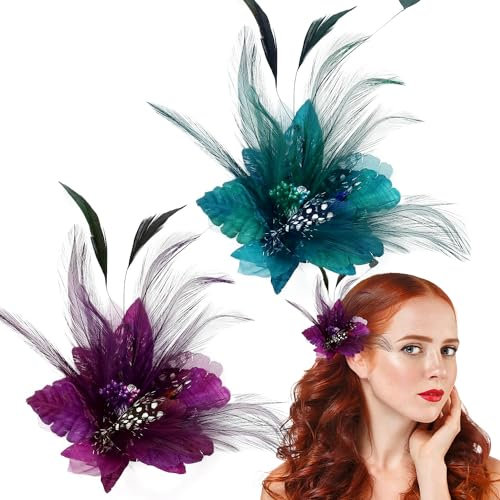 2 PCS Ladies Feather Beak Clip Fascinator,Flower Fascinator Clip,Fashionable Phalaenopsis Feather Corsage Hair Clips Brooch Pin Hair Accessories for Weddings, Races(Purple+Blue)