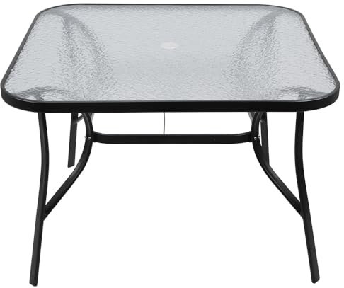 Panana 105cm Square Garden Dining Table Tempered Glass Top Metal Frame Outdoor Coffee Table with Parasol Umbrella Stand Hole Patio Balcony Backyard