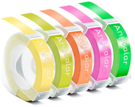 Anycolor Compatible Embossing Label Tape Omega Tape 9mm x 3m 3D Self-Adhesive Labels Fluorescent Pink/Orange/Green/Grass Green/Light Yellow for Omega Junior E975 Label Maker