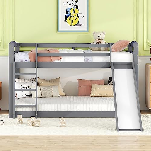 Lit Cabane Enfant 90x200, Superposé Antichute, Mezzanine 2 Places Avec Barrière et Toboggan, Escalier en Bois Massif, Gris