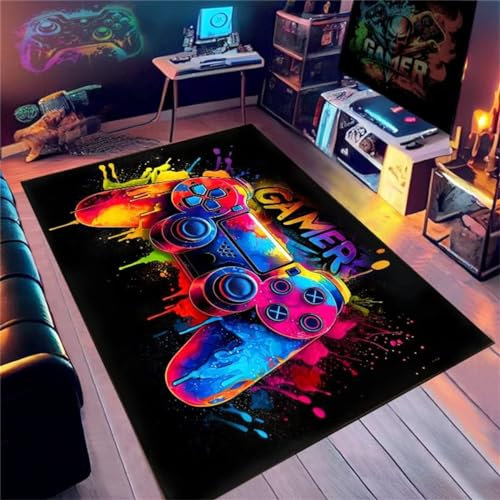 Tapis Chambre Gamer Ado Tapis Sol Gaming Deco Chambre Garcon Enfant Tapis De Salon Moderne 3D Antidérapant Hip-hop Néon Coloré Graffiti Game Console Flanelle Doux Carpets (Couleur,120x180cm)